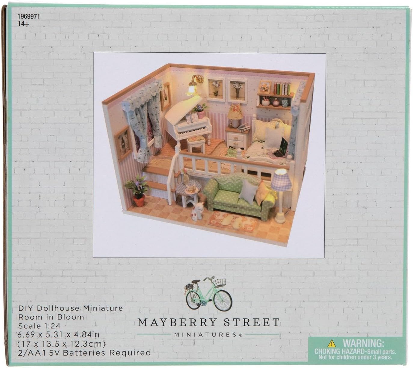 Back of Hobby Lobby Mayberry Street Room in Bloom kit box showing included items and warnings
