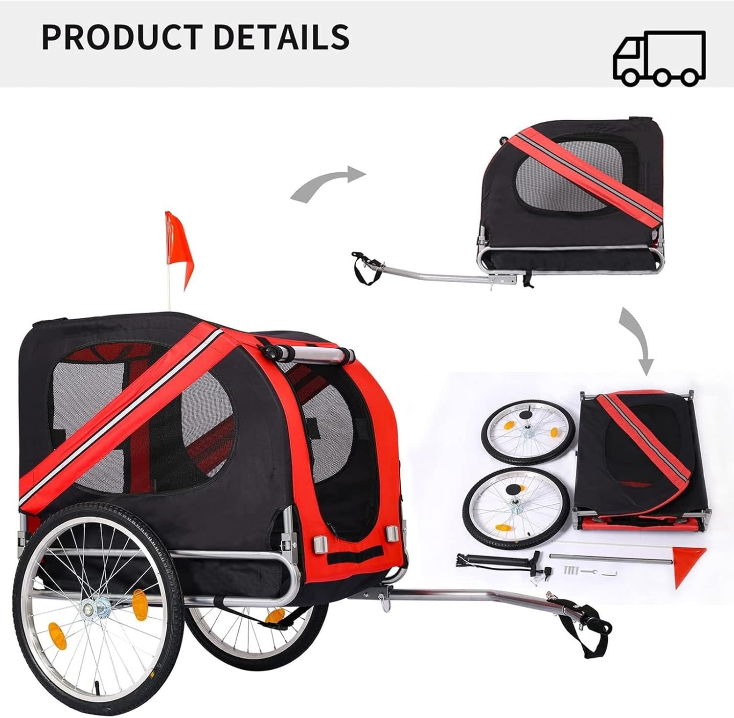 Dog Bike Trailer, Pet Cart Bicycle Wagon Cargo Carrier Attachment for Travel for Off-Road & Mesh Screen, Safety Flag