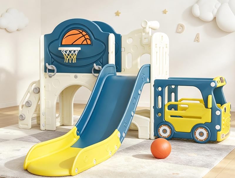 NYEEKOY Tobogán para niños 9 en 1 con temática de autobús, juego al aire libre y parque infantil 3+ | Parque infantil multifuncional certificado por CPC, tobogán interior y exterior para niños mayores de 3 años con aro de baloncesto y pelota