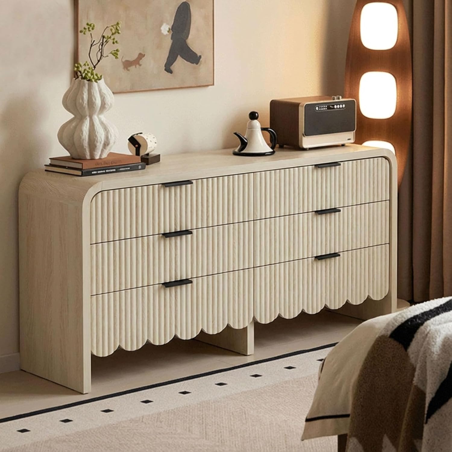 59" Scalloped Dresser for Nursery,Fluted 6 Drawer Wooden Dressers,Boho Long Dresser for Bedroom Kids Room, Living Room, TV Stand