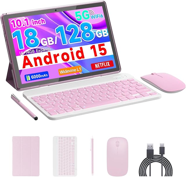 Android 15 Tablet, 10 inch 18GB RAM 128GB ROM, 2.0Ghz Quad-core Processor Tablet, 1280*800 IPS Touch Screen, 2.4G/5G WiFi, 2 in 1 Tablets with Keyboard, Case, Mouse, Stylus, 6000mAh Battery 8MP Camera