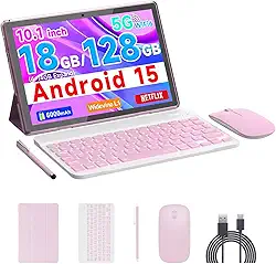 COOPERS Tablet Android 15, tablet de 10 polegadas, 18 GB de RAM + 128 GB de ROM, 2 TB expansível, processador quad-core de 2,0 GHz, WiFi 6 BT 5.0, câmeras duplas, tablets 2 em 1 com capa de teclado
