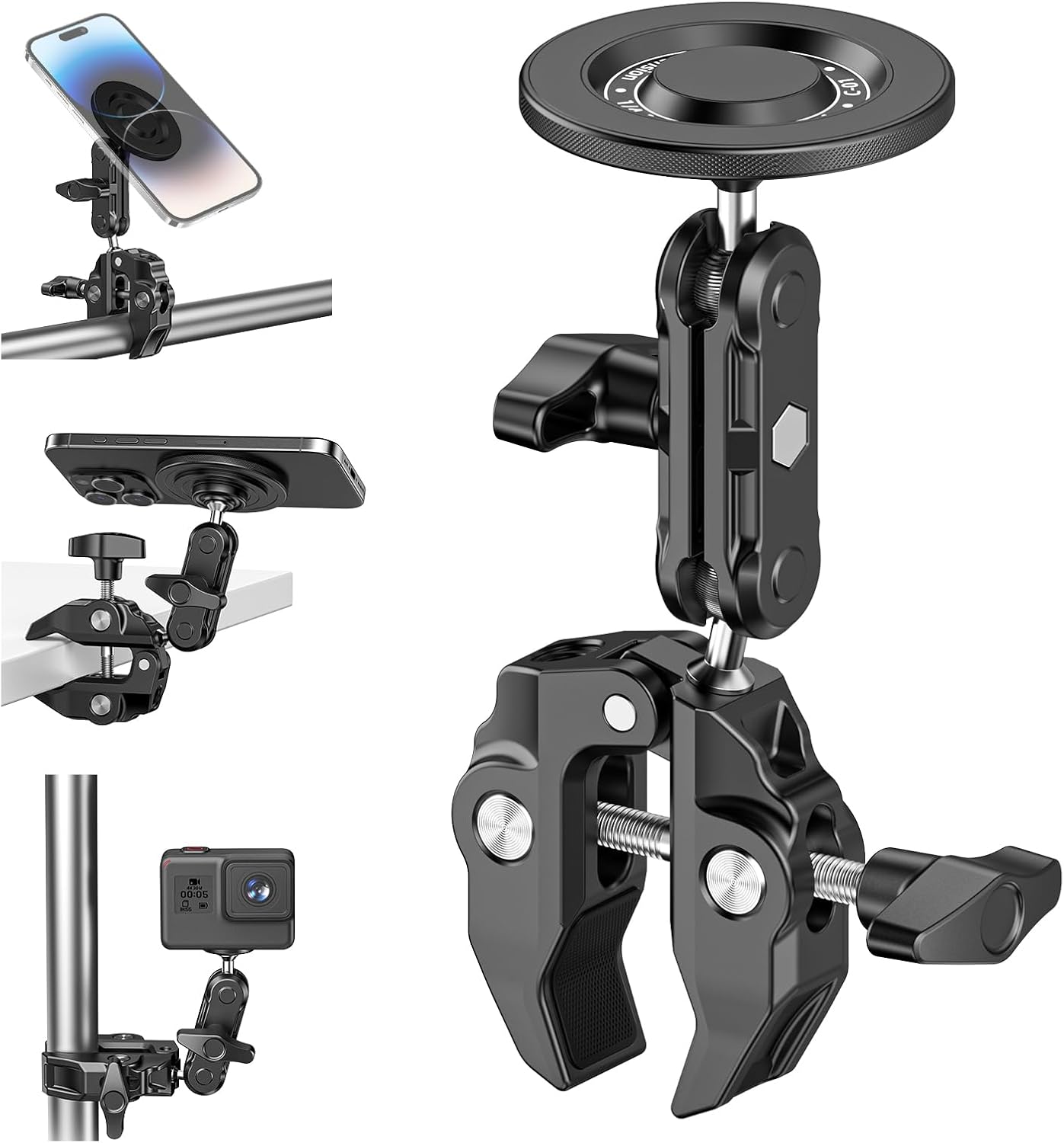 Mic Stand Phone Holder Aluminum Compatible with Magsafe iPhone 16/15/14/13/12 Plus Pro Max Series, Side Mount Cellphone Music Stand Holder for Microphone, 360° Swivel Tilt Adjustable Mic Phone Mount
