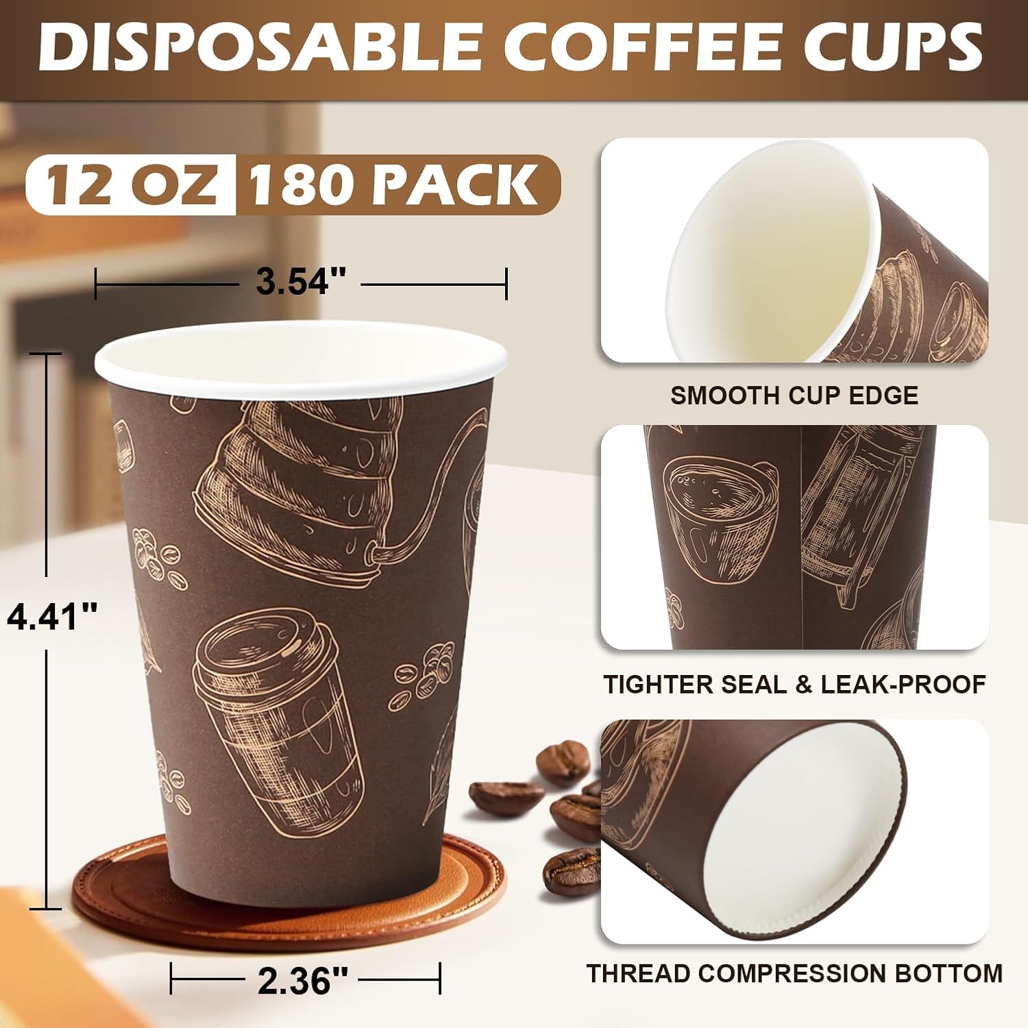 Coffee Cups 12 oz Paper Cups 180 Pack, Thickened Paper Coffee Cups Disposable 12 oz Coffe Cup, Hot/Cold Beverage Drinking Cup for Office, Home, Party - Image 2