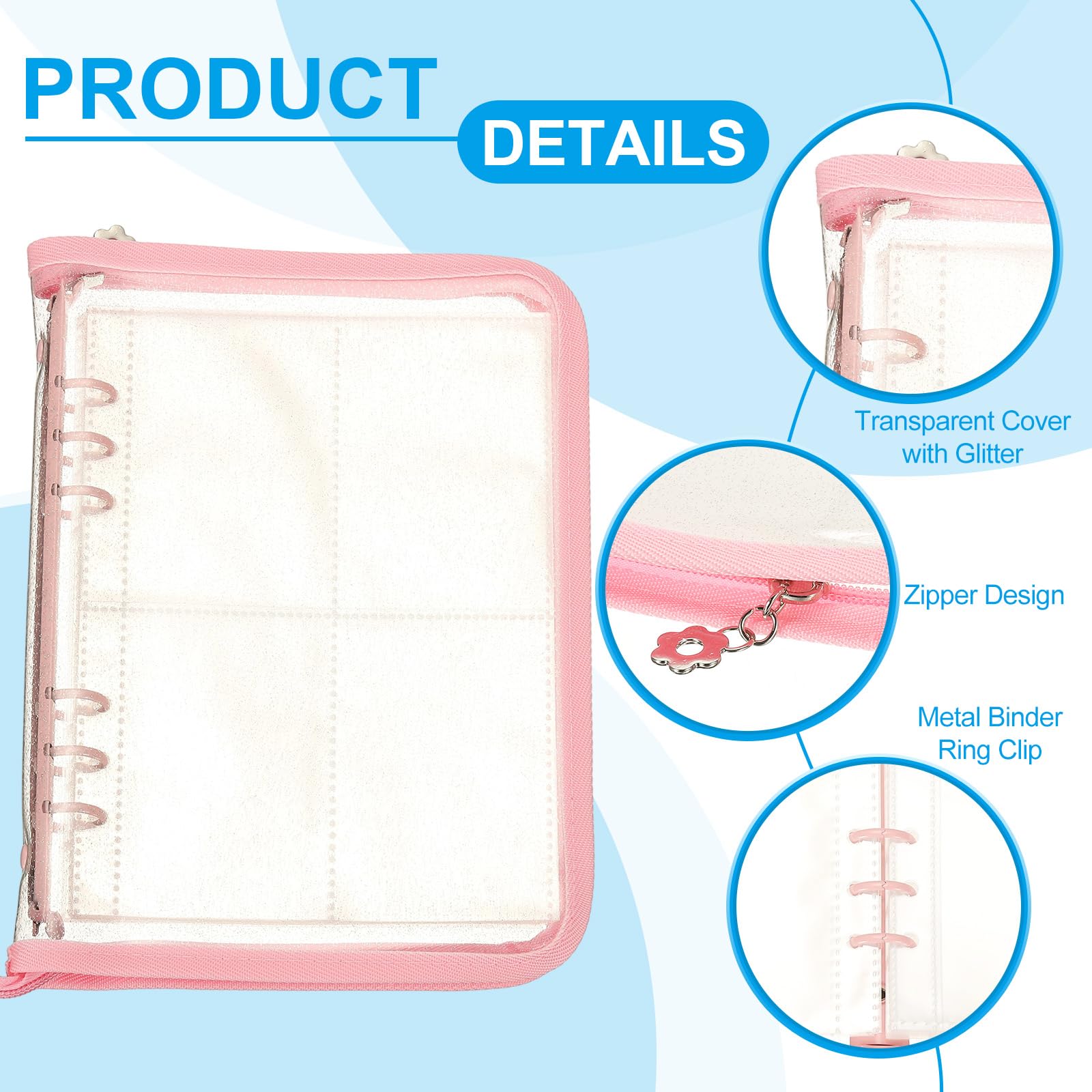 PATIKIL Sticker Organizer Binder, Reusable A5 Sticker Album Collecting Book Glitter Cover Zipper Binder with 220 Pocket, Pink - Image 3