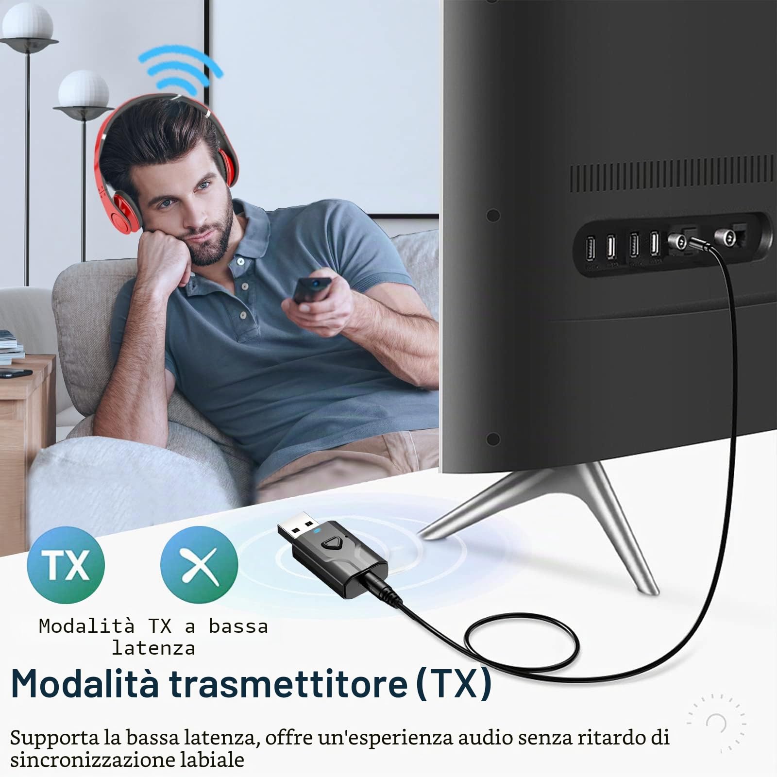 Adattatore USB Bluetooth per TV, ricevitore trasmettitore Bluetooth 2 in 1, mini Chiavetta audio portatile BT5.0 con jack 3,5mm per TV/PC/Cuffie/Altoparlanti/Auto/Stereo