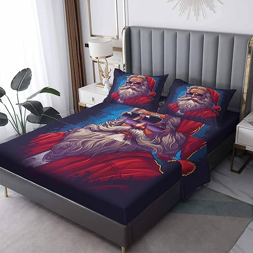Sábanas de Navidad tamaño matrimonial, sábanas de Papá Noel, sábanas y fundas de almohada estampadas de 4 piezas, sábana bajera ajustable de