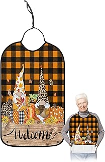 BOBOWUNY Thanksgiving Gnomes Adult Bibs for Elder Women Men Eating, Orange Black Plaid Pumpkin Waterproof & Washable Bibs for Eating Clothing Protector Dining Bibs for Crumb Catcher