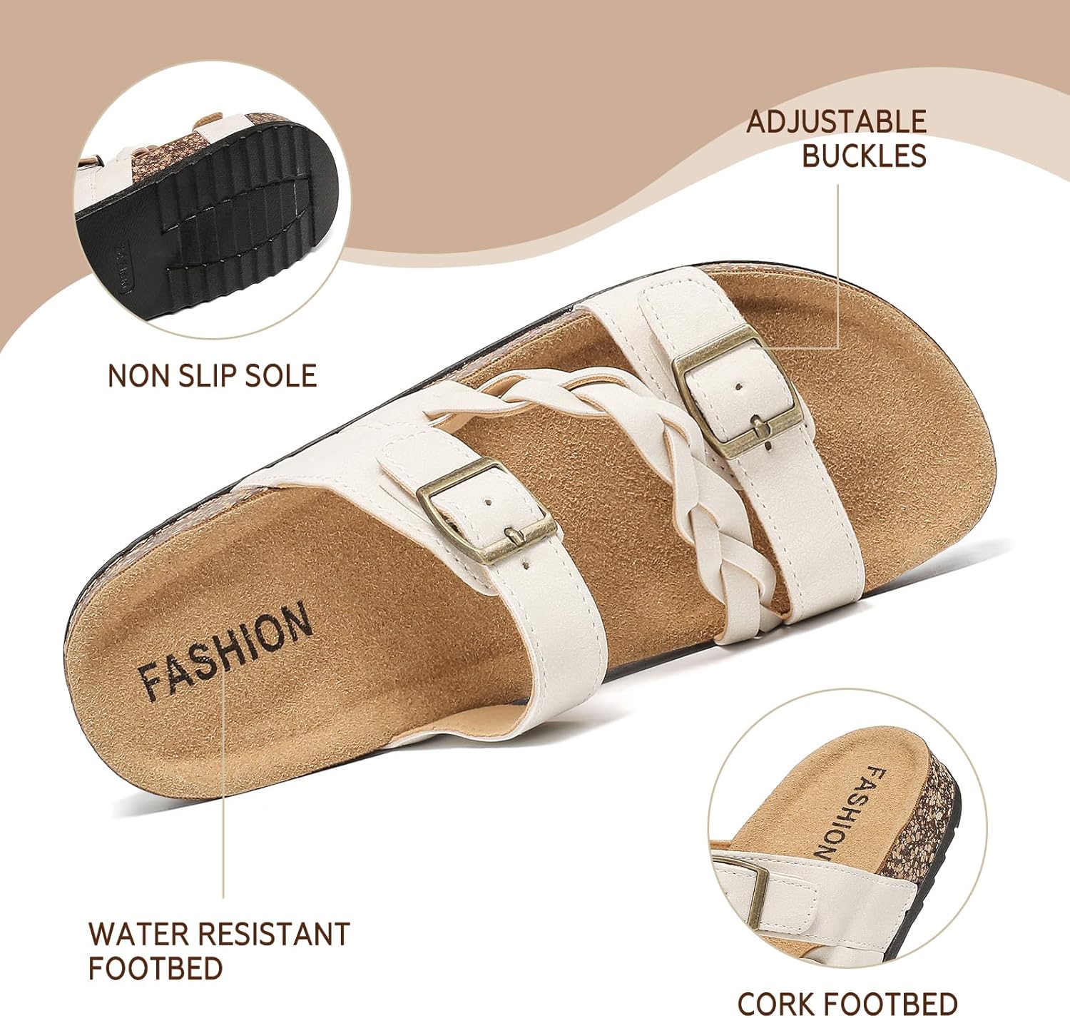 Women's Cork Footbed Sandals with Arch Support Comfortable Adjustable Straps Braided Sandal with Double Buckles, Non-Slip Slip-On Slide Sandals for Summer Water Resistant Slides Footwear - Image 4