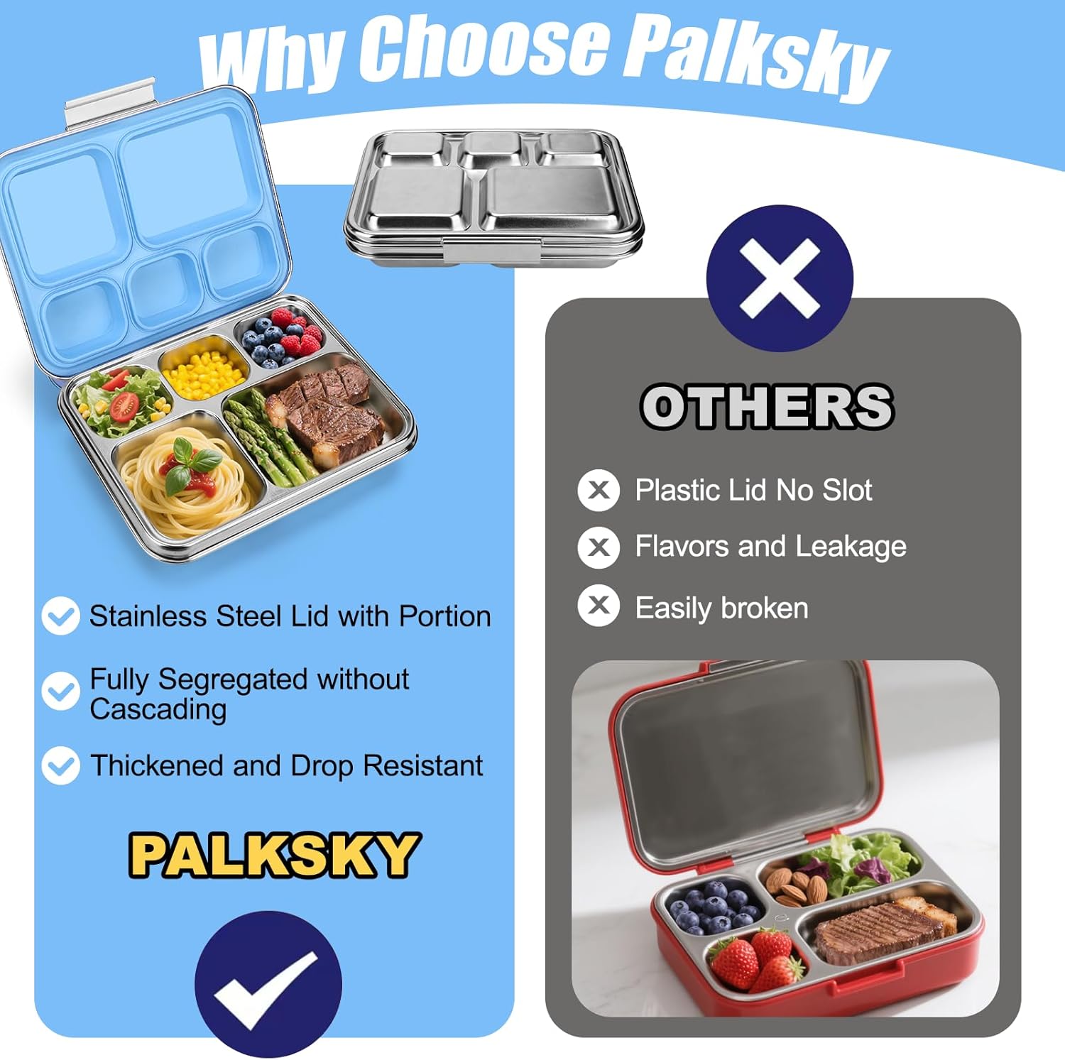 Palksky Lunch Bento Box Stainless Steel, Metal Bento Boxes for Kids Leak-Proof, 5 Compartments Lunchable Food Storage Containers with Lid for School, Office, Travel - Blue