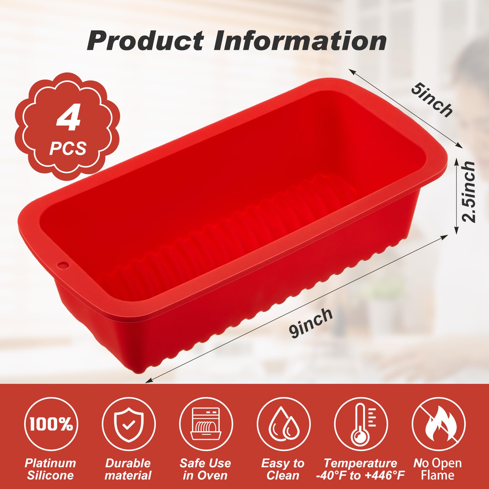 Willinglong 4 moldes rectangulares de silicona para pan de 22,8 x 12,7 cm, antiadherentes, mini moldes para pasteles, pan casero, pan y pastel de carne, color rojo