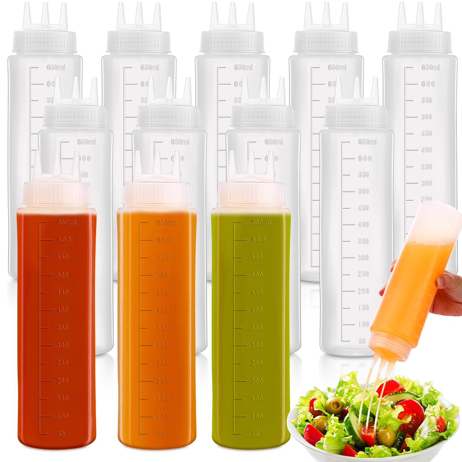 Maxdot 12 botellas de plástico de 24 onzas con 3 agujeros para condimentos, ketchup y mostaza, recipiente para aderezo de chorro, dispensador de crema agria para cocina, restaurante, salsa, aceite,