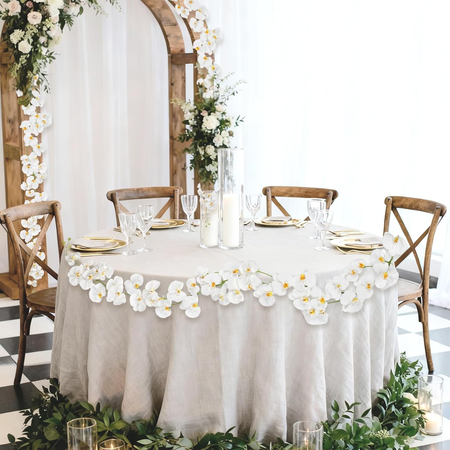 7.38ft White Orchid Garland Real Touch Latex Orchid Vine Hanging Artificial Orchids for Home Party Wedding Room Birthday Christmas Wall Arch Decor(White)