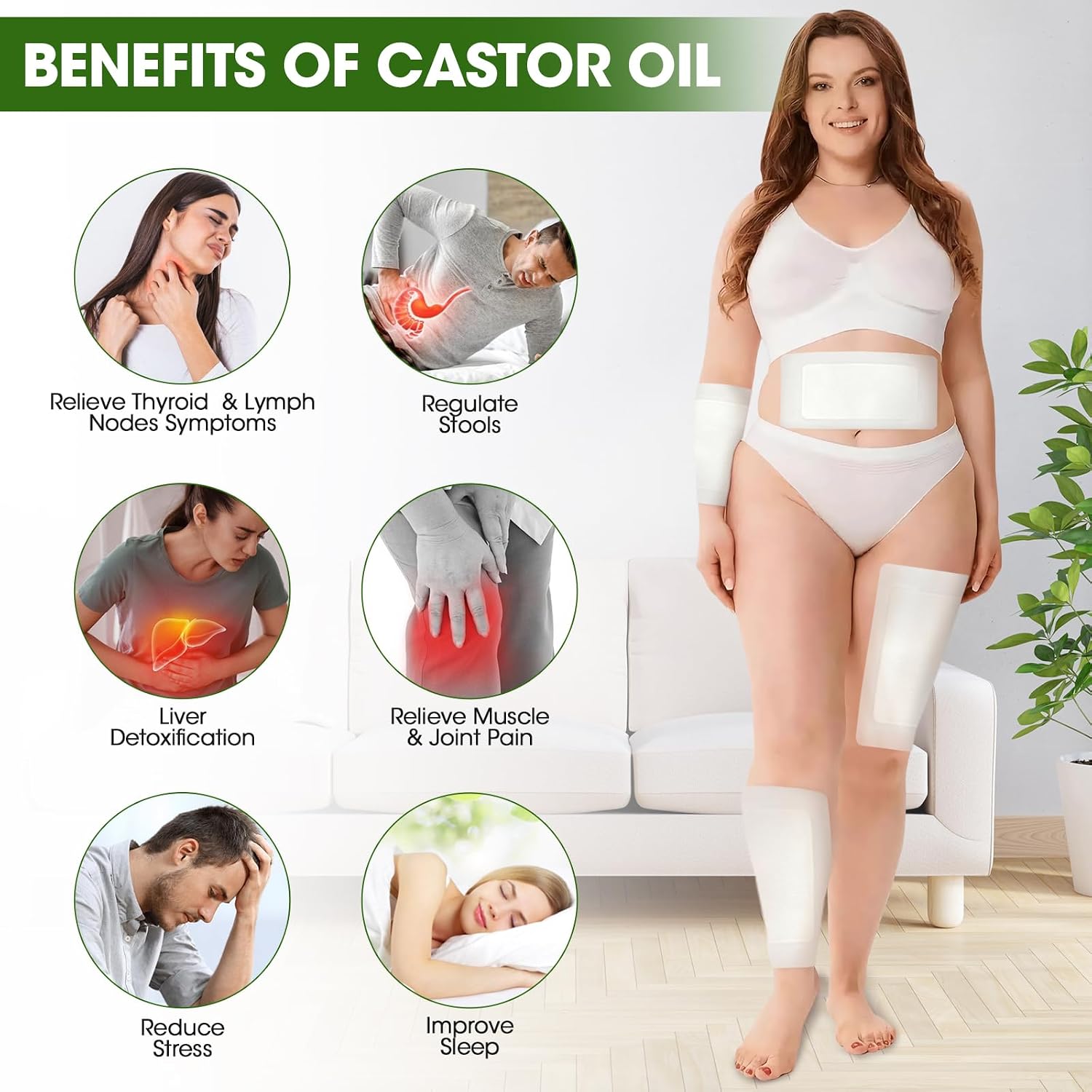 24 Pcs Castor Oil Pack Wrap Plus Size, Castor Oil Patches Disposable for Liver, Stomach, Self-Adhesive, Portable, Leak-Free & No Wash, 11.8"x6.3"