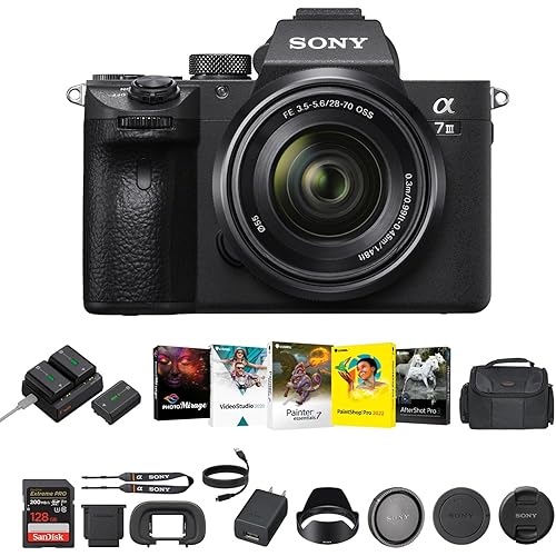 Sony a7 III Mirrorless Camera- 24MP Full-Frame Digital Camera with 28-70mm f/3.5-5.6 Lens, Batteries & Dual Charger Kit, Corel Software Kit, 128GB SDXC Memory Card & Large DSLR Bag - Essential Bundle