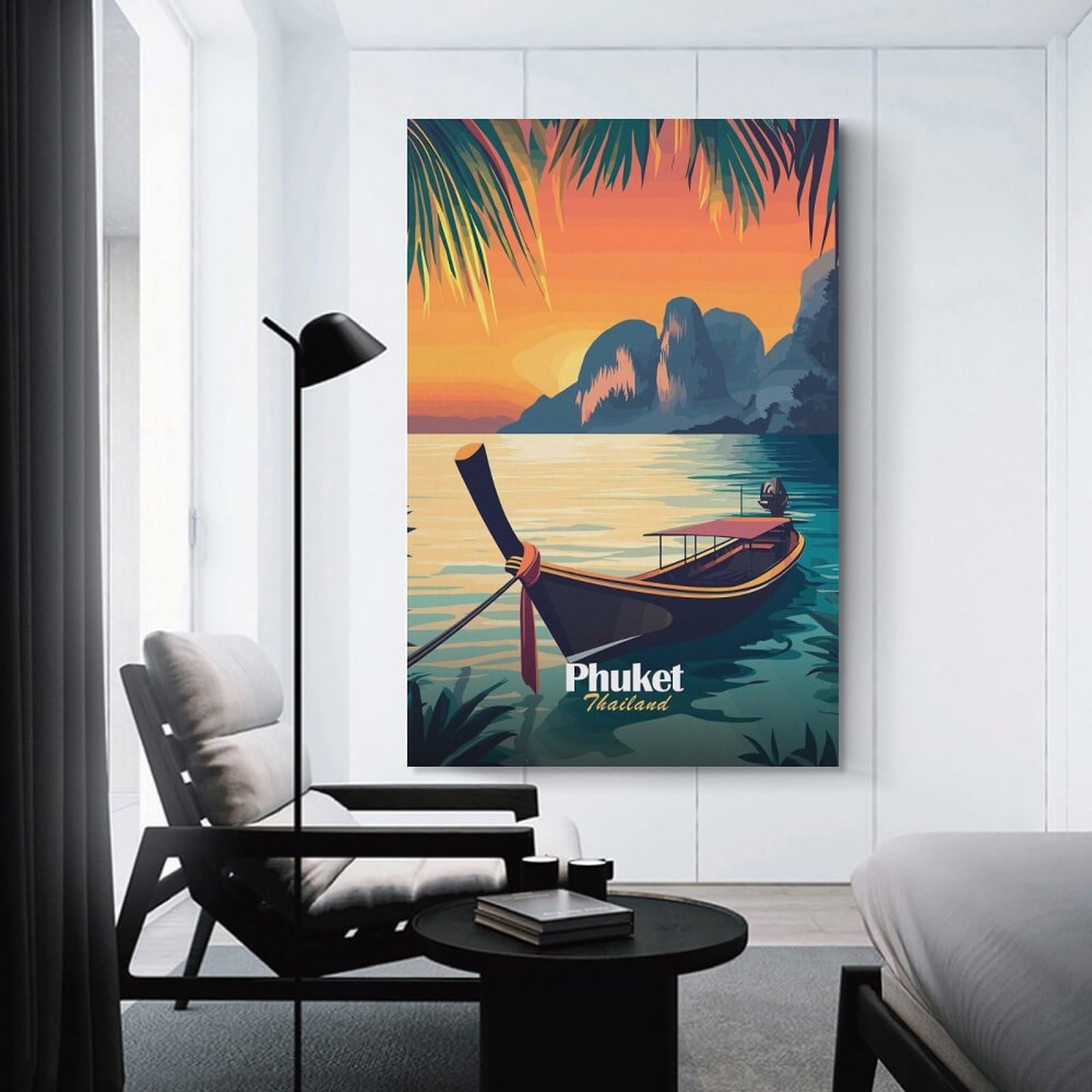 Junmoney Wall Decor Canvas Print Phuket Sunset Boat, 12x18inch(30x45cm), for Front Hall, Corridor Or Welcome Spaces, A Neat Decor Update for Hallways