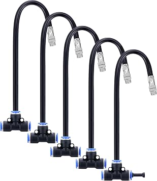5Packs Brass Misting Nozzles Tee with 16inch Built in Hose for Misting Cooling System, Adjustable 360 Rotation, Water Mister Nozzles Thread Sprayer 0.043" 1.1 mm