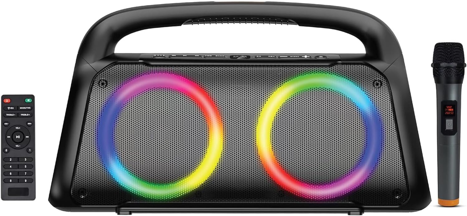 Boytone, Portable Bluetooth Party Box Speaker with LED DJ Lights, VHF Wireless Microphones, Remote Control, 60W Powerful Speaker, TF Card/USB, TWS, for Indoor/Outdoor Events (BT-61K)