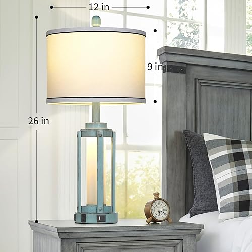 Miniatura 5 de Lámpara de mesa para sala de estar, lámparas de granja industriales rústicas vintage con puertos de carga USB A+C y salida de CA