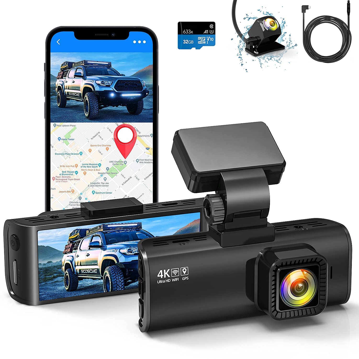 REDTIGER F7N 4K Dual Dash Cam Built in WiFi/GPS with 32GB SD Card,33Feet Backup Camera Extension Cor