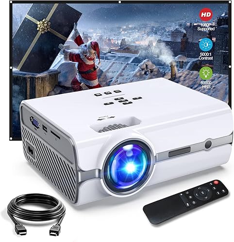 con pantalla de 100 pulgadas, mini proyector portátil HONPOW 720P, película al aire libre nativa 7500Lux, proyector de cine en casa compatible con