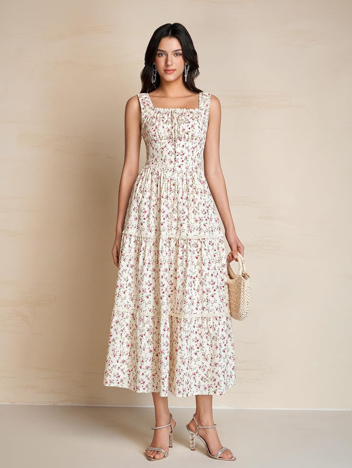 KUTUMAI Floral Corset Milkmaid Midi Dress Flowy Lace Tiered Cottagecore Wedding Guest for Women 2026 Summer Sundress