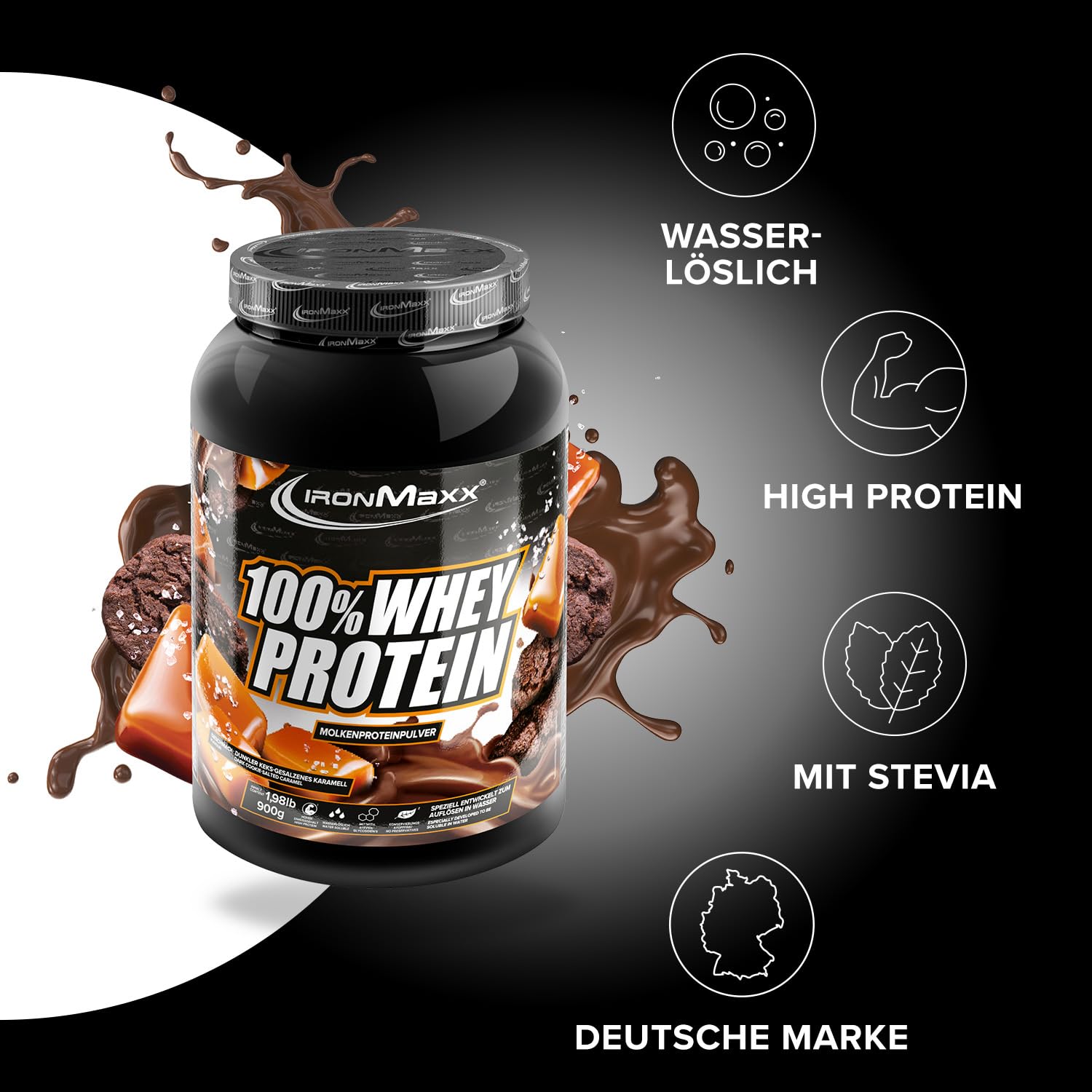 IronMaxx 100% Whey Protein Pulver 900g - Dark Cookie Salted Caramel - Frullato ad alto contenuto proteico con BCAA ed EAA per l’allenamento muscolare e il fitness