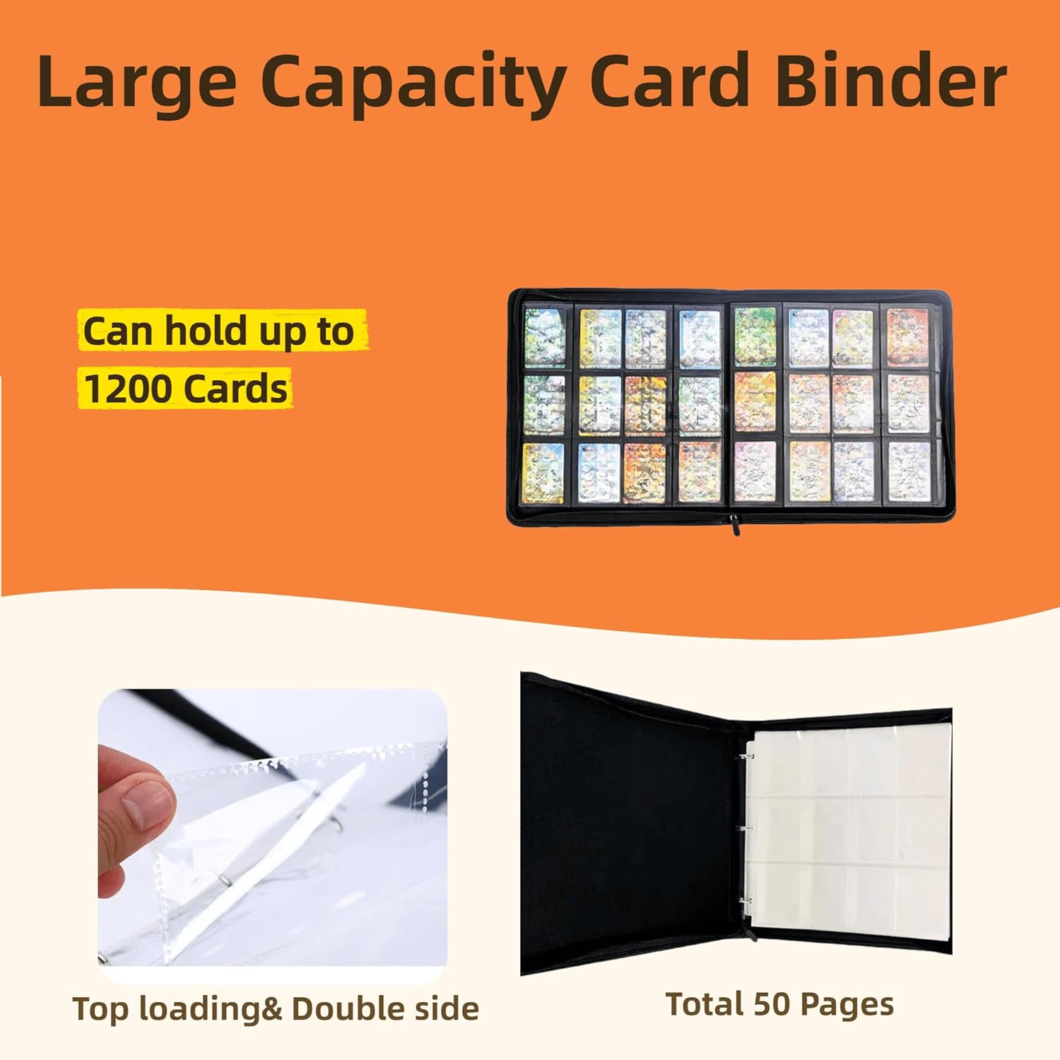 12 Pockets Trading Card Binder, Large Collection Binder for 1200 Cards, PU Sports MTG TCG Collectible Trading Card Binder With Zipper