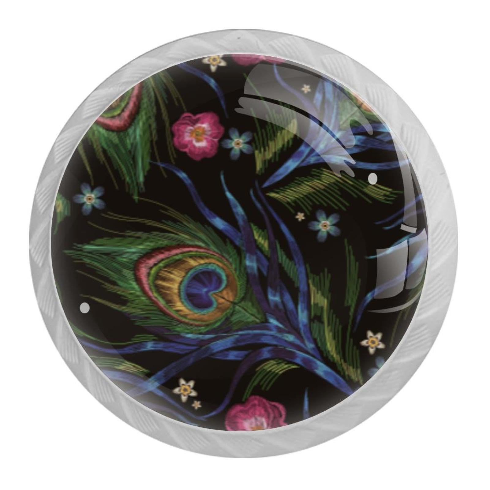 Tqmspg Multi06 4 Pieces Drawer Pulls Peacock Feathers And Flowers Door Knobs Dresser Handles For Kitchen Wardrobe Cupboard Hardware Furniture