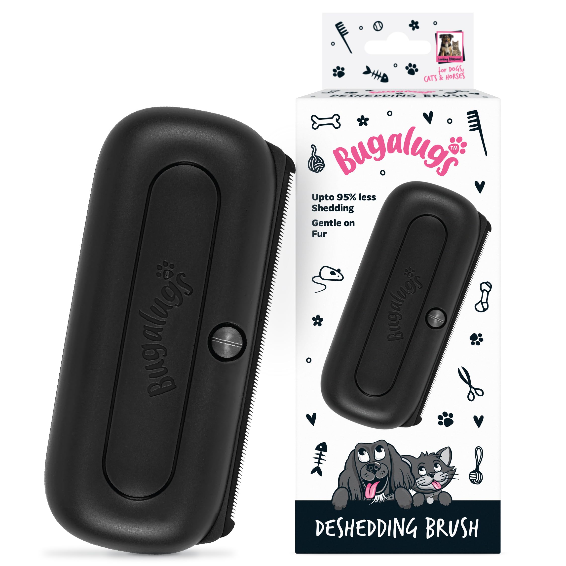 Bugalugs Deshedding Brush for Dogs Cats, Horses, Pet Grooming Tool that is Gentle & Effective With Wide Shallow Comb