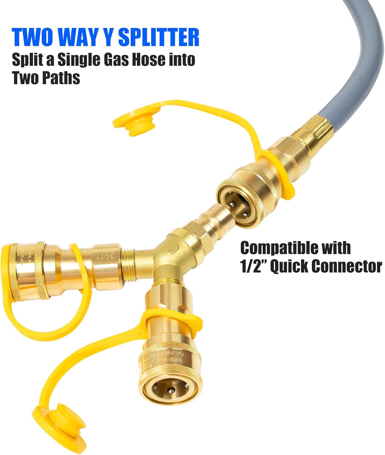 1/2 Inch Natural Gas Y Splitter, 2-Way Quick Connect Adapter with Shut-Off Valve, Low Pressure Propane and NG Separator Adapter for Grill, Pizza Oven, Patio Heater/Fire Pit, RV, Generator