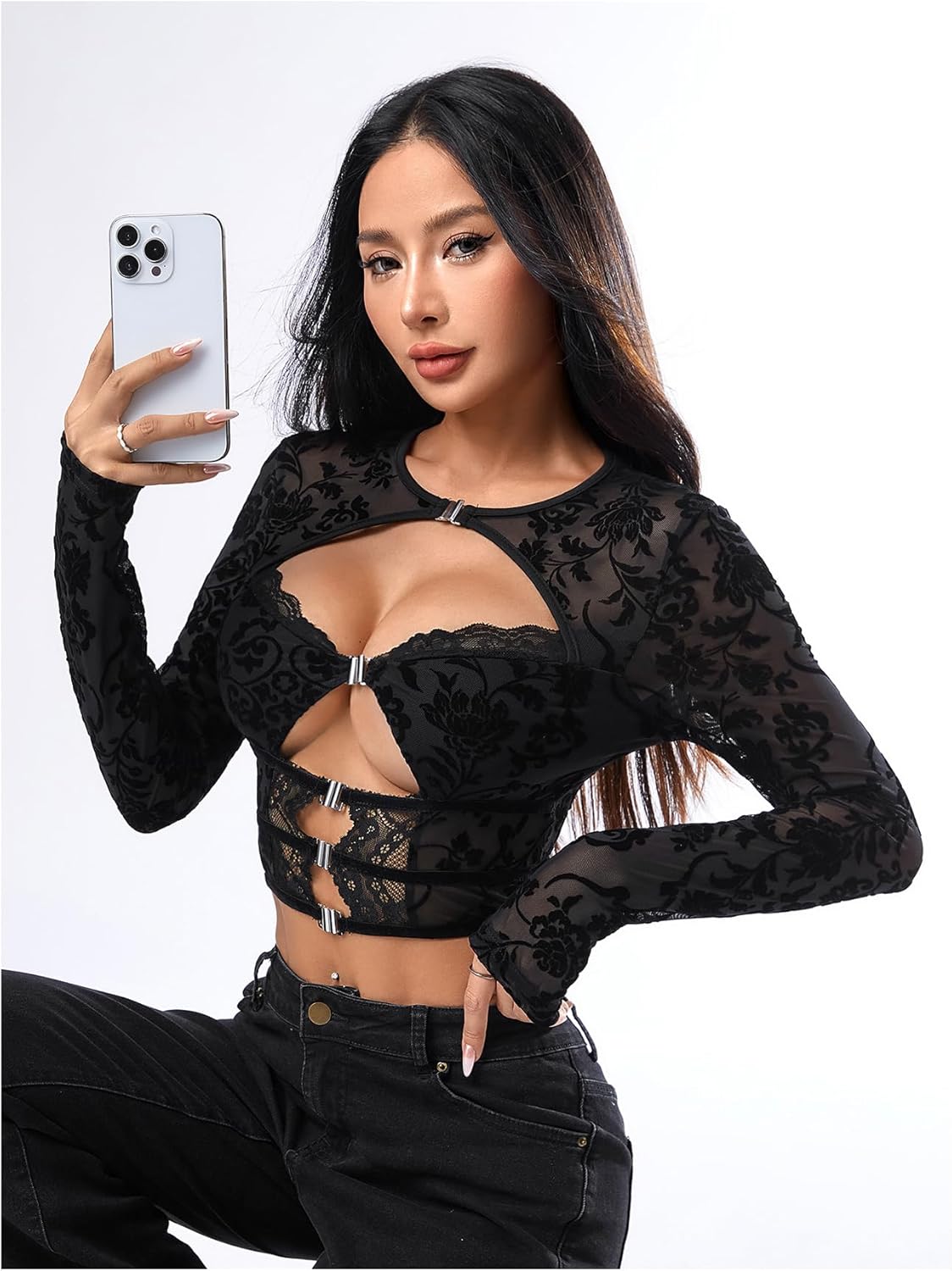 SweatyRocks Women's Y2k Lace Long Sleeve Shirt Cut Out Sheer Crop Tops Sexy Going Out Rave Party Club Top - Image 5