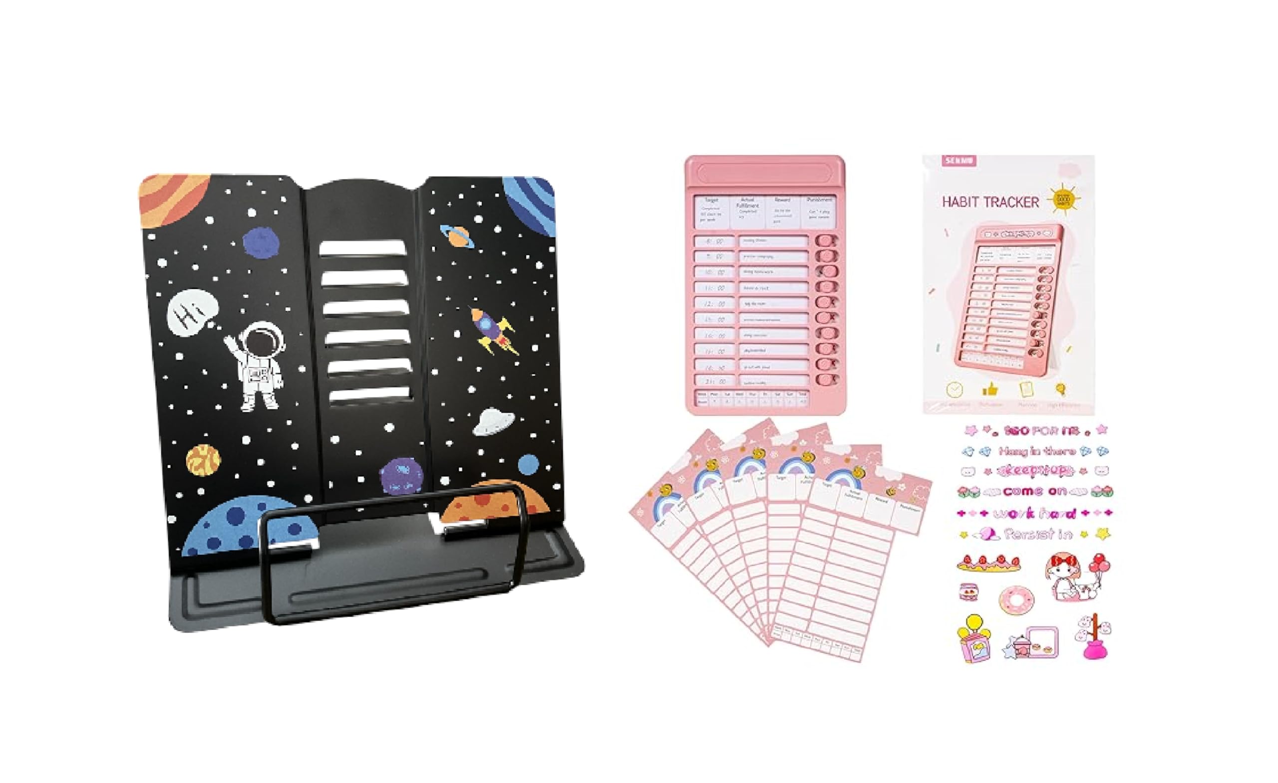 M.F.H Space Theme Book Stand Holder - Portable Metal Desktop and Habit Tracker Chore Chart, Plastic Checklist Board with 15 Detachable Cardstock to Do List (Pack of 2) Combo Random Designe