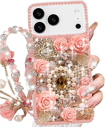 Changjia for iPhone 17 Pro Max Glitter Bling Case,Cute Luxury 3D Sparkle Queen Crystal Rhinestones Flowers Diamond Pearl Gems with Lanyard Wrist Strap Women Girls Phone Case for iPhone 17 Pro Max,Pink