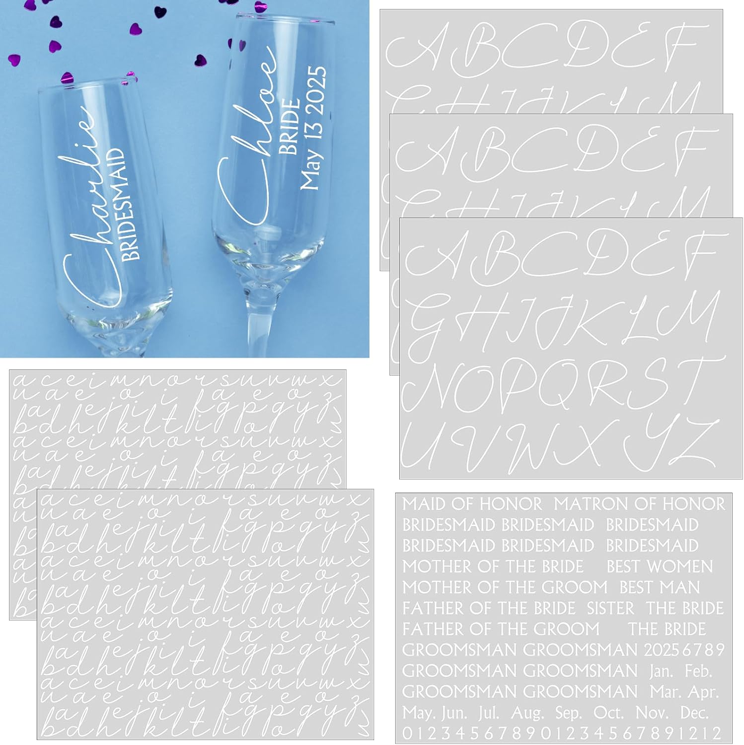 6 Sheets UV DTF Cup Wrap Letters for Bridesmaid Gifts Custom Transfer Letter Stickers Waterproof Vinyl Name Decal for Glass Cup Tumbler DIY Wedding Bridal Shower Bachelorette(White)