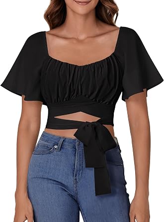 Rooscier Womens Ruched Wrap Ruffle Flare Short Sleeve Square Neck Self Tie Crop Top Blouse