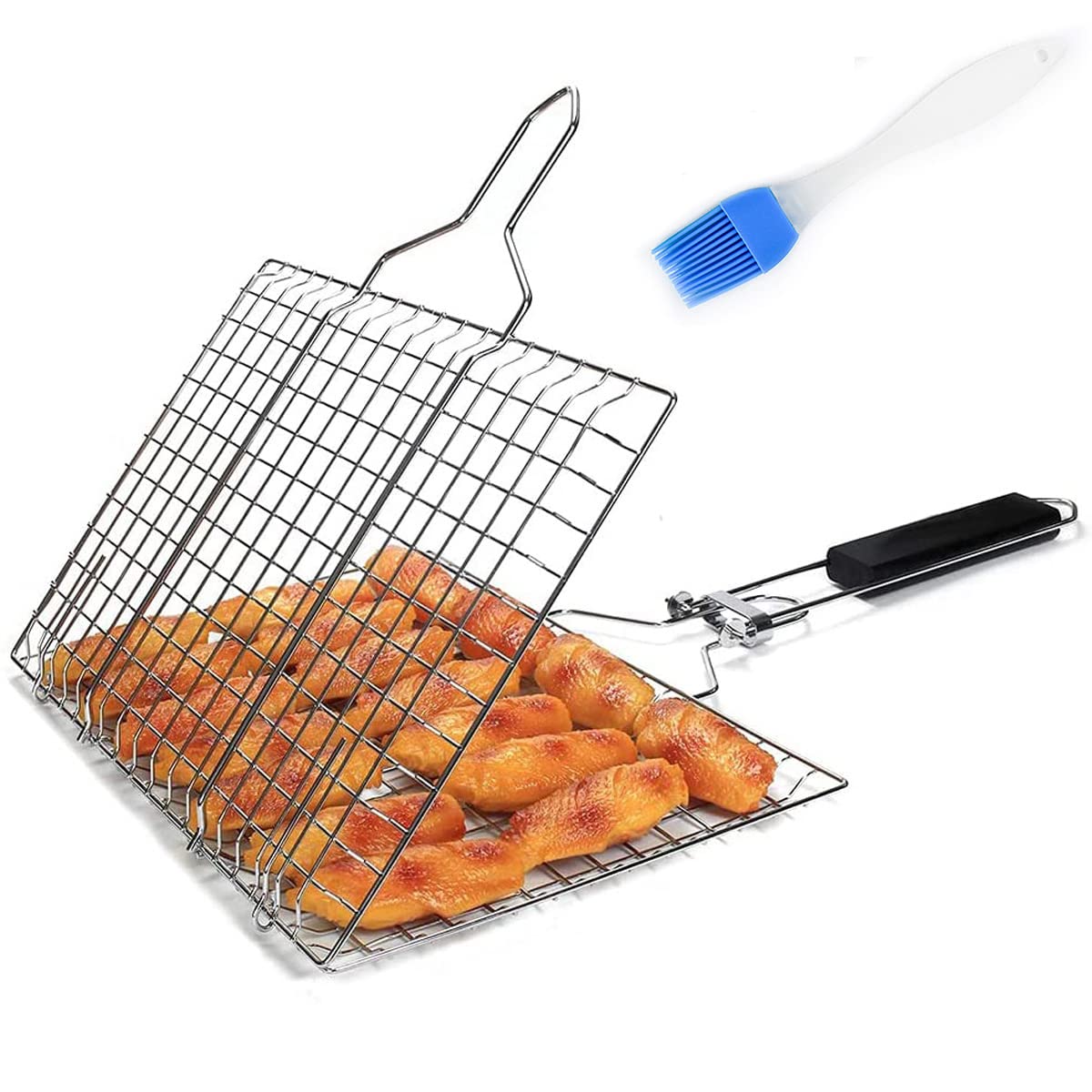 Griglia Pieghevole per Barbecue, Cestello per Grigliare Barbecue in Acciaio Inox 304, Anti-Aderente Griglia per Pesce BBQ con Manico, per Grigliate di Salsicce, Pesce, Verdure(Quadrato)