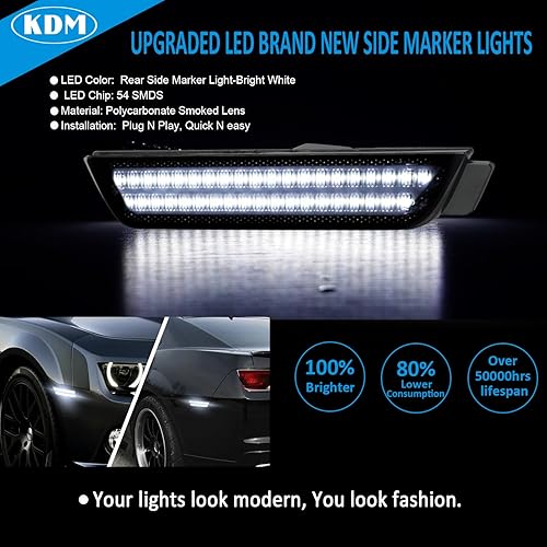 Miniatura 3 de KDM Reflectores LED de lente ahumada para parachoques lateral, luces de doble fila, color blanco brillante, apto para Chevy Chevrolet Camaro 2010,