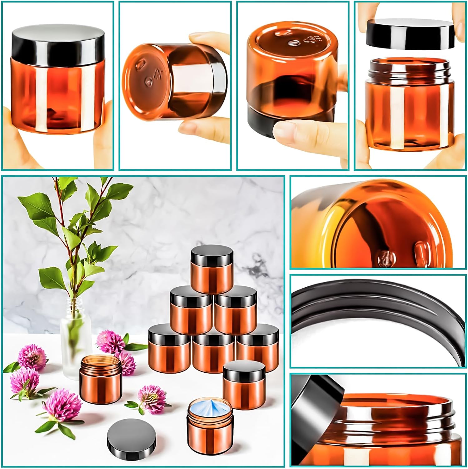 MotBach 16 Pack 2oz Amber Plastic Jars, 60ml Empty Small Round Cosmetic Jars Refillable Makeup Containers Leakproof Travel Cosmetic Containers with Black Lids for Sample Cream Lotion Powder Ointment thumbnail