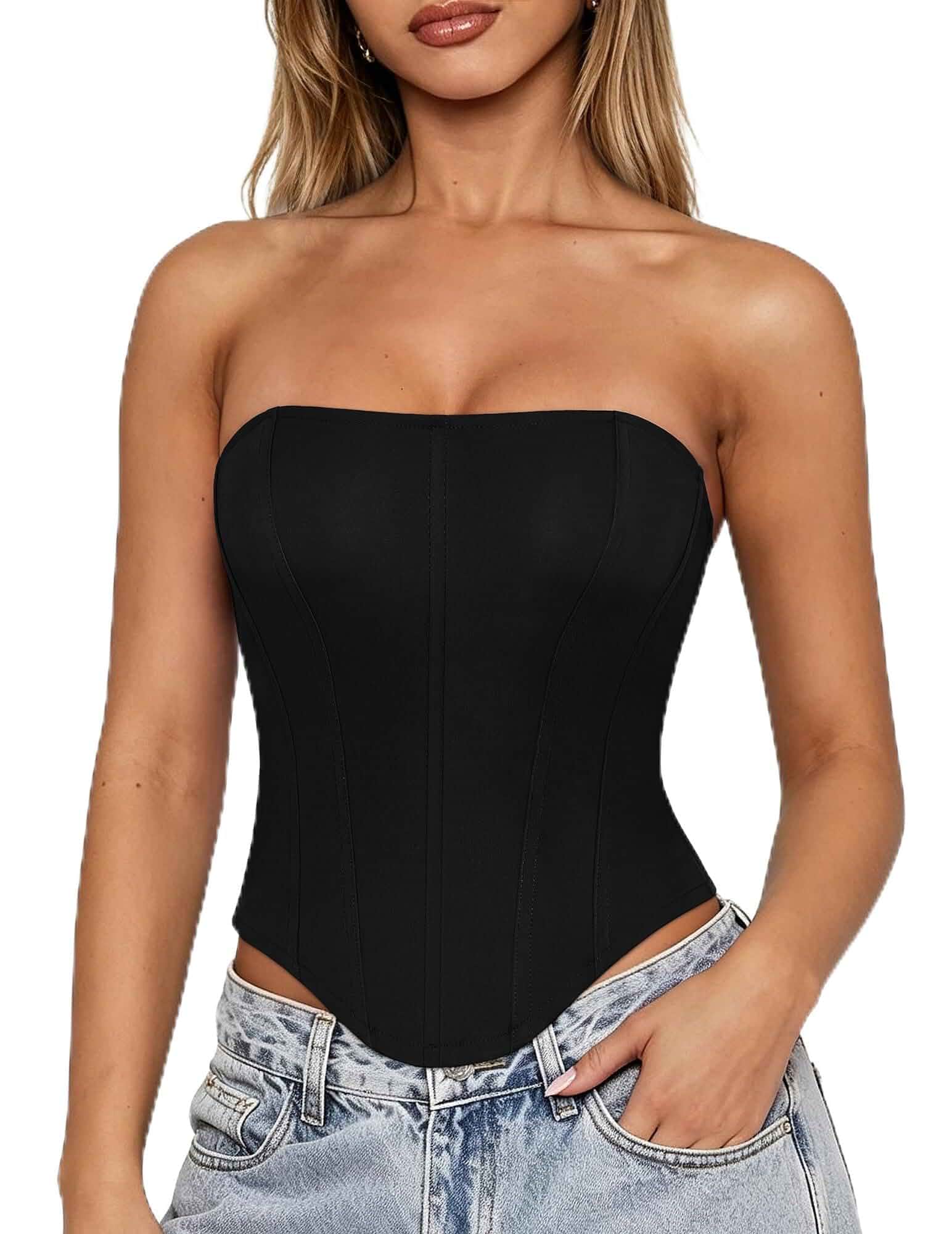 Scarlet Darkness Women's Strapless Tube Corset Bustier Lace-Up Crop Tops Structured Seamed Boning, Slim Hourglass Figure, Sleeveless Backless Lace-Up, Sexy Party Club Daily Going Out Y2K Outfits