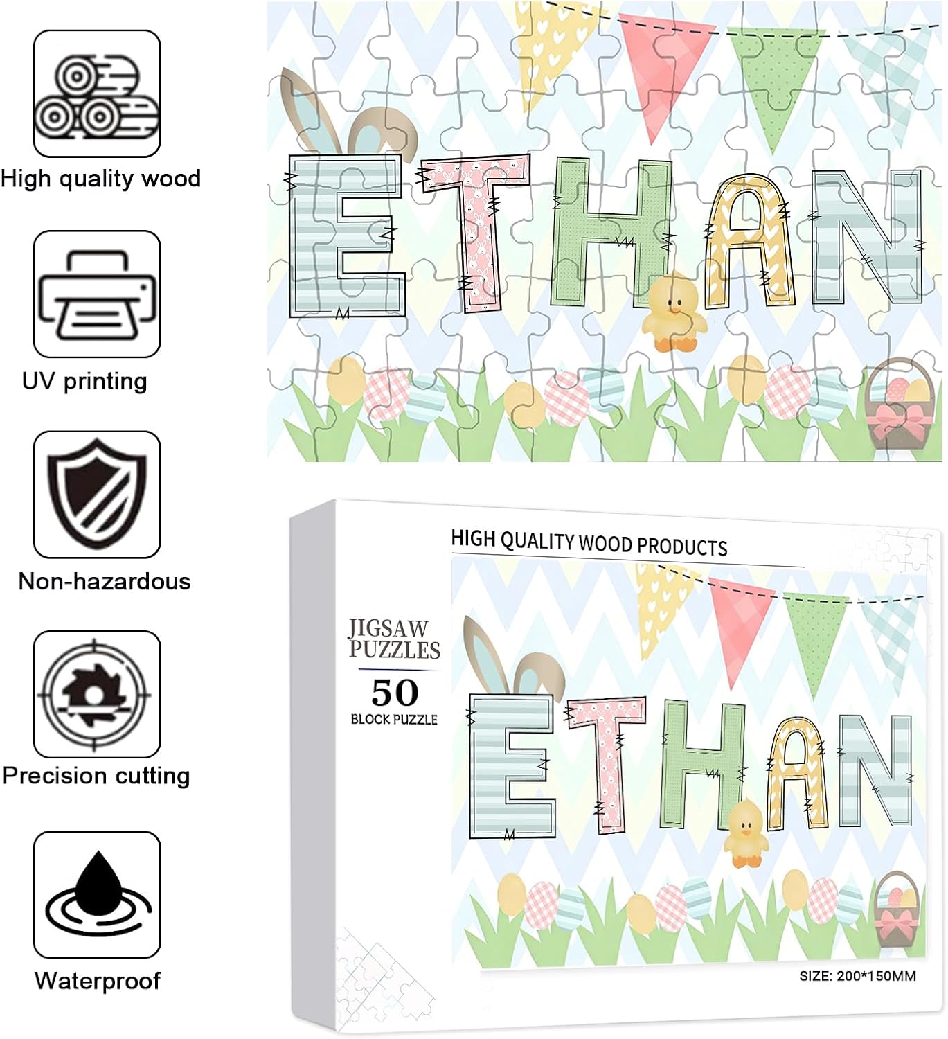 Personalized Easter Jigsaw Puzzle with Name,35PCS,50PCS,200PCS,500PCS Custom Samll Jigsaw Easter Basket Presents for Girls Boys Kids Heterogeneous Blocks Wooden Puzzles Personalized