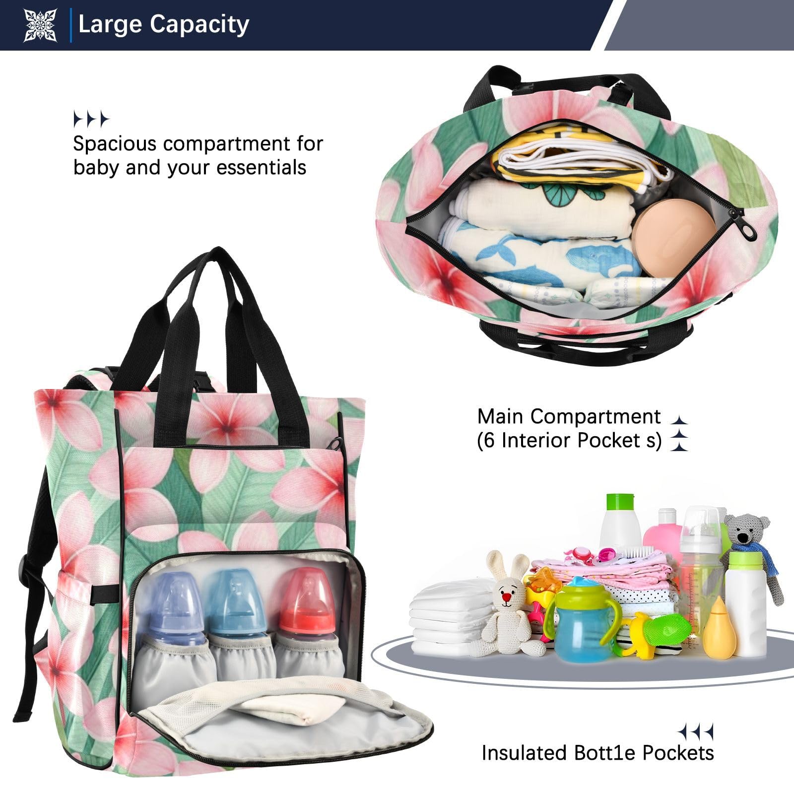 Mochila pañalera para mamás y papás, diseño de frangipani, color rosa