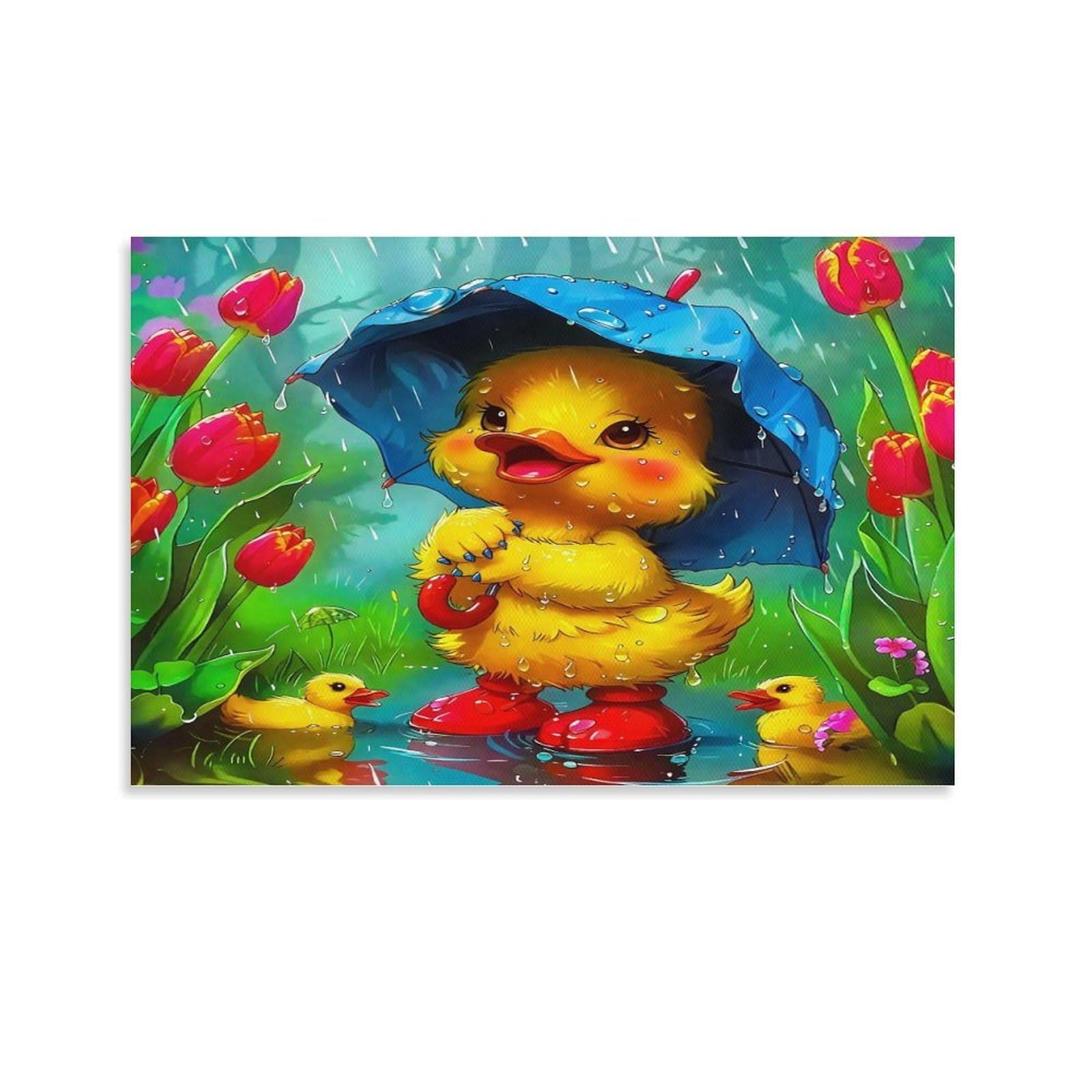 CPLVKWRQJ Cute Duckling 1 Piece Duckling Blue Umbrella Tulip Rain Framed Canvas Print - Living Room Focal Point Ready to Hang Gallery Wall Decor 24x36inch(60x90cm)