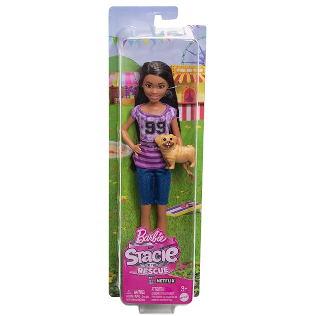 Foto 6 de 7 de Barbie Muñeca Morena Ligaya con Pantalones Vaqueros, Camiseta Morada y Perro Mascota