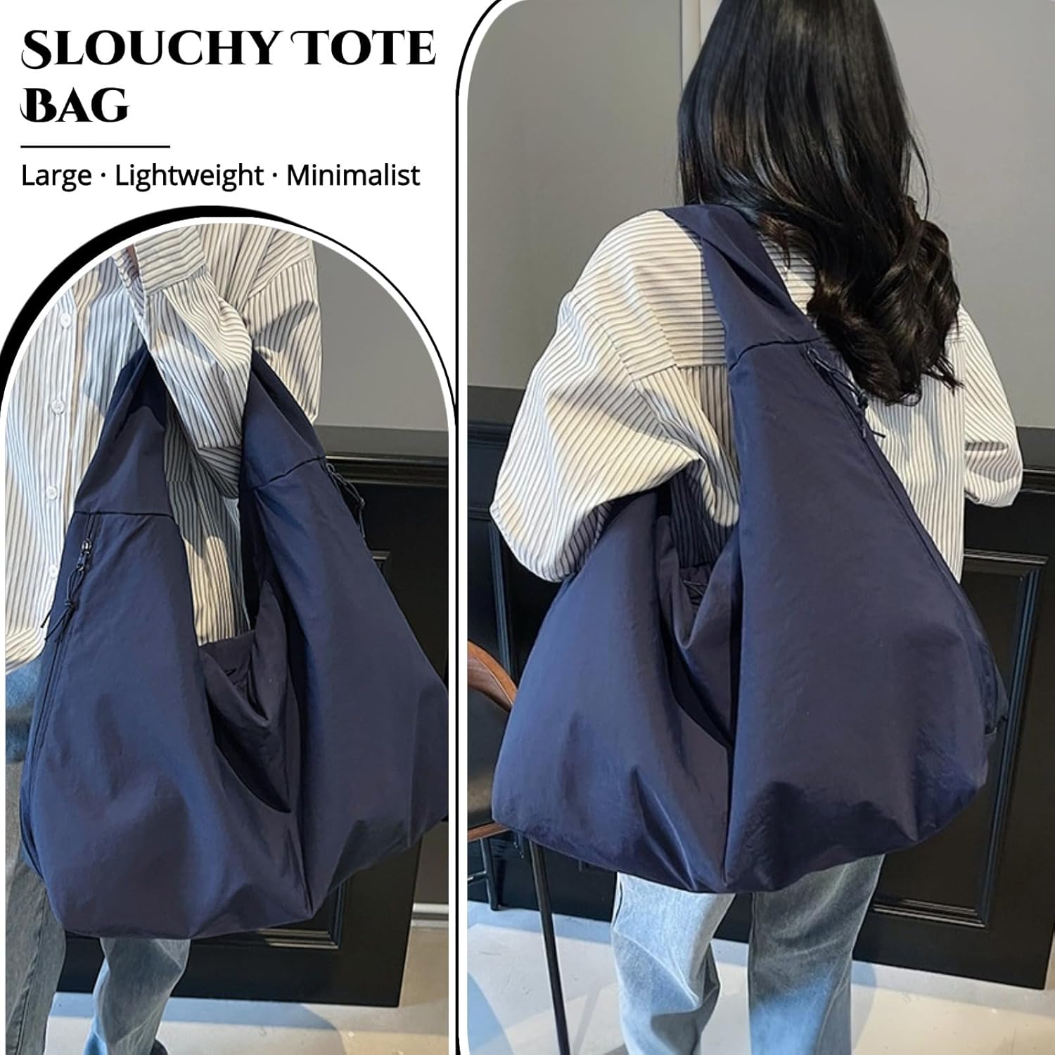 Slouchy Tote Bag for Women Large Nylon Shoulder Bag with Multiple Pockets Crescent Bag Underarm Hobo Bag for Travel Gym - Image 2