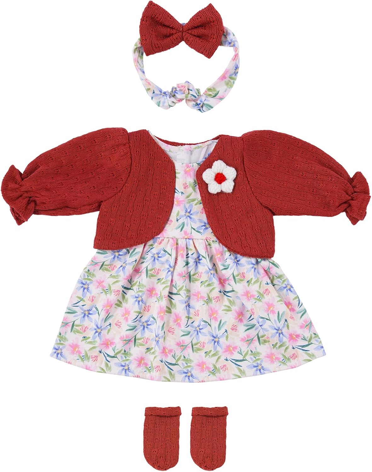 BABESIDE 4 Pcs Reborn Baby Doll Clothes Dress Set for 17-22 Inch Baby Dolls, Floral Dress with Wine Red Cardigan, Bow Headband and Socks, for Realistic and Reborn Babys Doll Clothes and Accessories