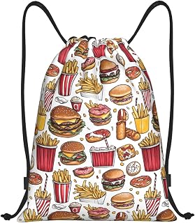 French Fries Hamburger Food Print Drawstring Backpacks - Draw String Back Bags, Small Gym Bags for Men Women Sports, Swimming, Beach, Travel