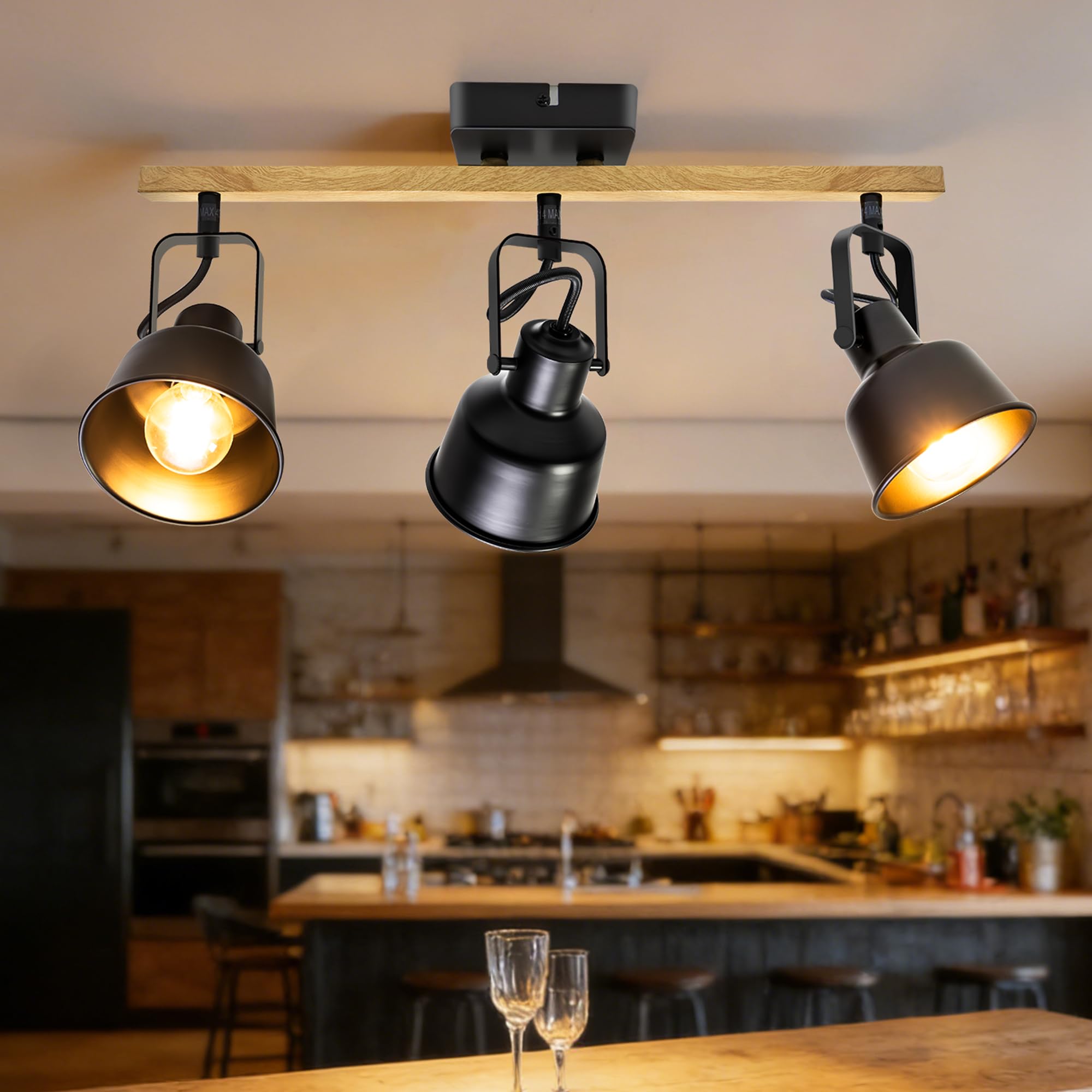 Deckenstrahler 3 Flammig, Schwenkbar 350°, Vintage Deckenlampe LED Deckenleuchte, E14 Fassung Industrial Holzmaserung Spotbalken für Küche, Wohnzimmer, Schlafzimmer, Schwarz (Ohne Leuchtmittel)