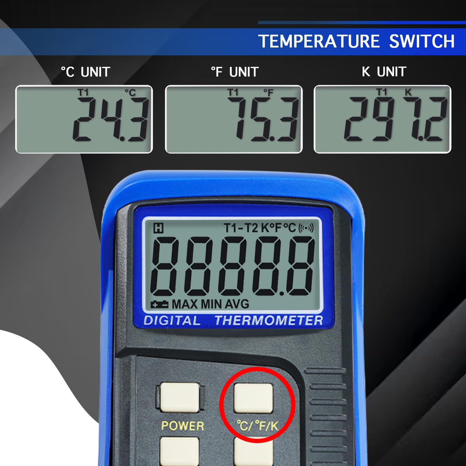 Termómetro digital de dos canales con termopar tipo K de -50 a 1300 °C, incluye abrazadera de temperatura y sondas con cable, medición de la diferencia y máx/min/AVG y diferencia para hornos, hornos