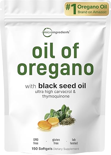 Micro Ingredients Oil of Oregano Softgels, 150 Count | 2 in 1 Formulated with Black Seed Oil | 4X Strength Carvacrol & Thymoquinone | Plant Based,...